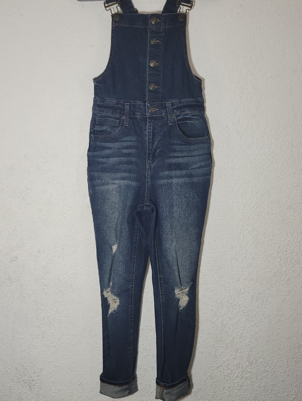 No Boundaries Dark Blue Distressed Denim Overalls